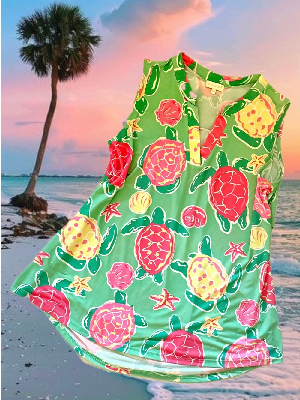 Simply Southern Sleeveless Swing Tunic Top Sea Turtle Mint Green V-Neck XXL